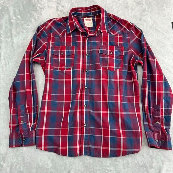 Levis Shirt Mens Large Red White Blue Plaid Snap Western Flap Pockets Modern - Picture 3 of 11